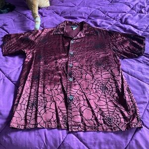 Odo spiderweb button down. 100%poly, size Large, burgundy and black